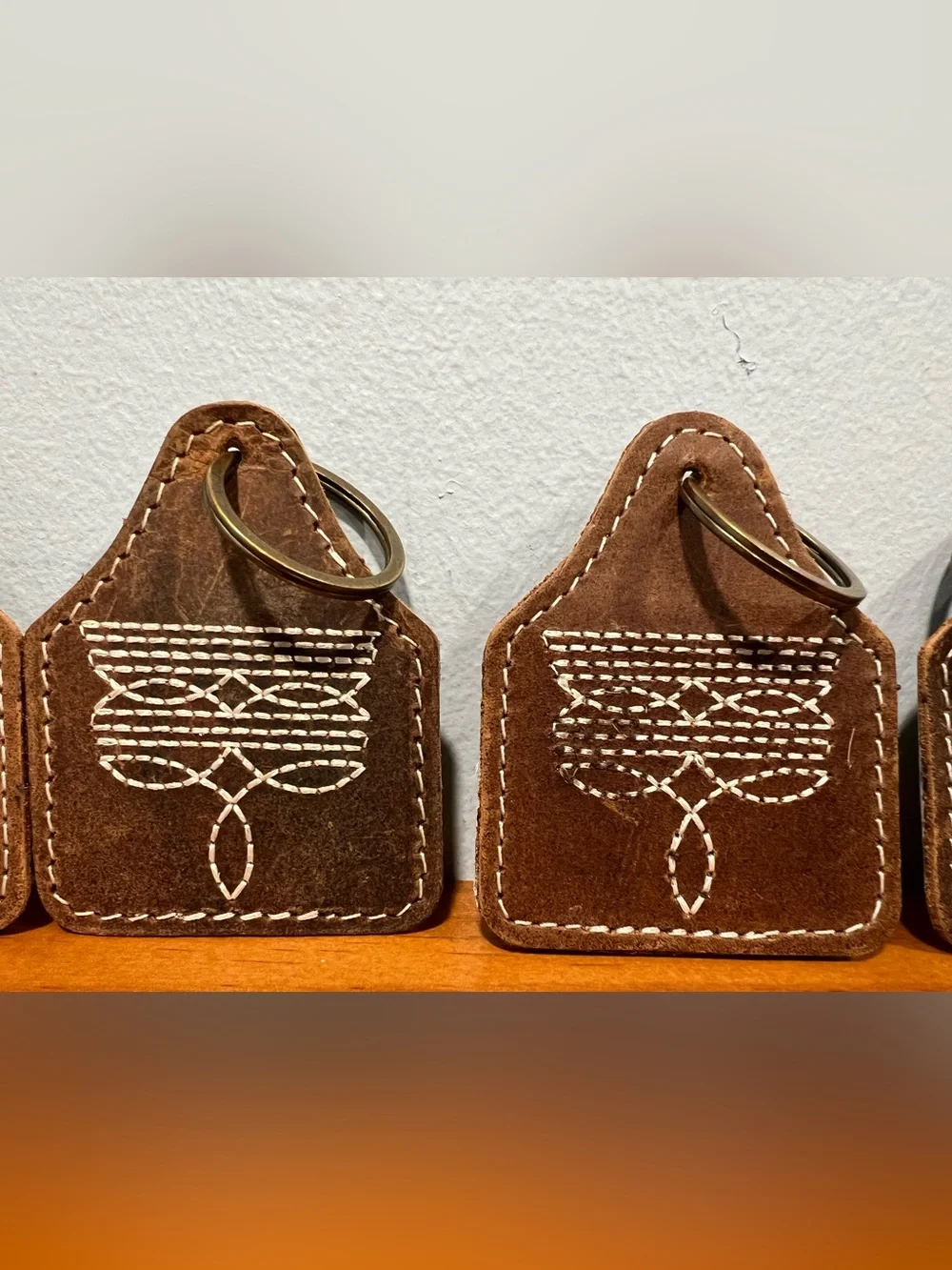 Set of 5 NEW Keyrings Natural Cow Hide Tag Shaped Leather Hair On Hide Keychain